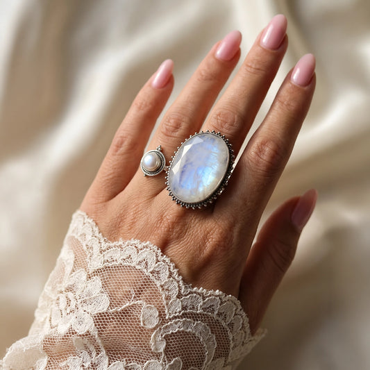Zilveren 925 statement ring met grote maansteen – maat 17 | 53