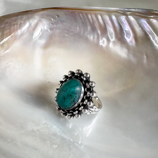Vintage zilveren ring met Native groene turquoise – maat 15,75 | 49,5