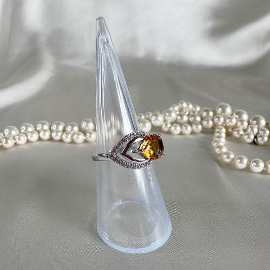 Vintage 925 silver ring with citrine and zirconia in elegant leaf shape – size 16.25 | 51